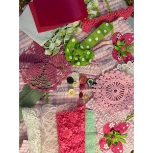 Slow Sew Junk Journal Kit 30+ -Pink & Green - Seersucker Fabric Buttons Ribbon